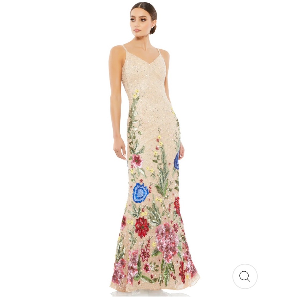 Mac Duggal FLORAL EMBELLISHED SPAGHETTI STRAP GOWN Color Nude/Multi Size 4